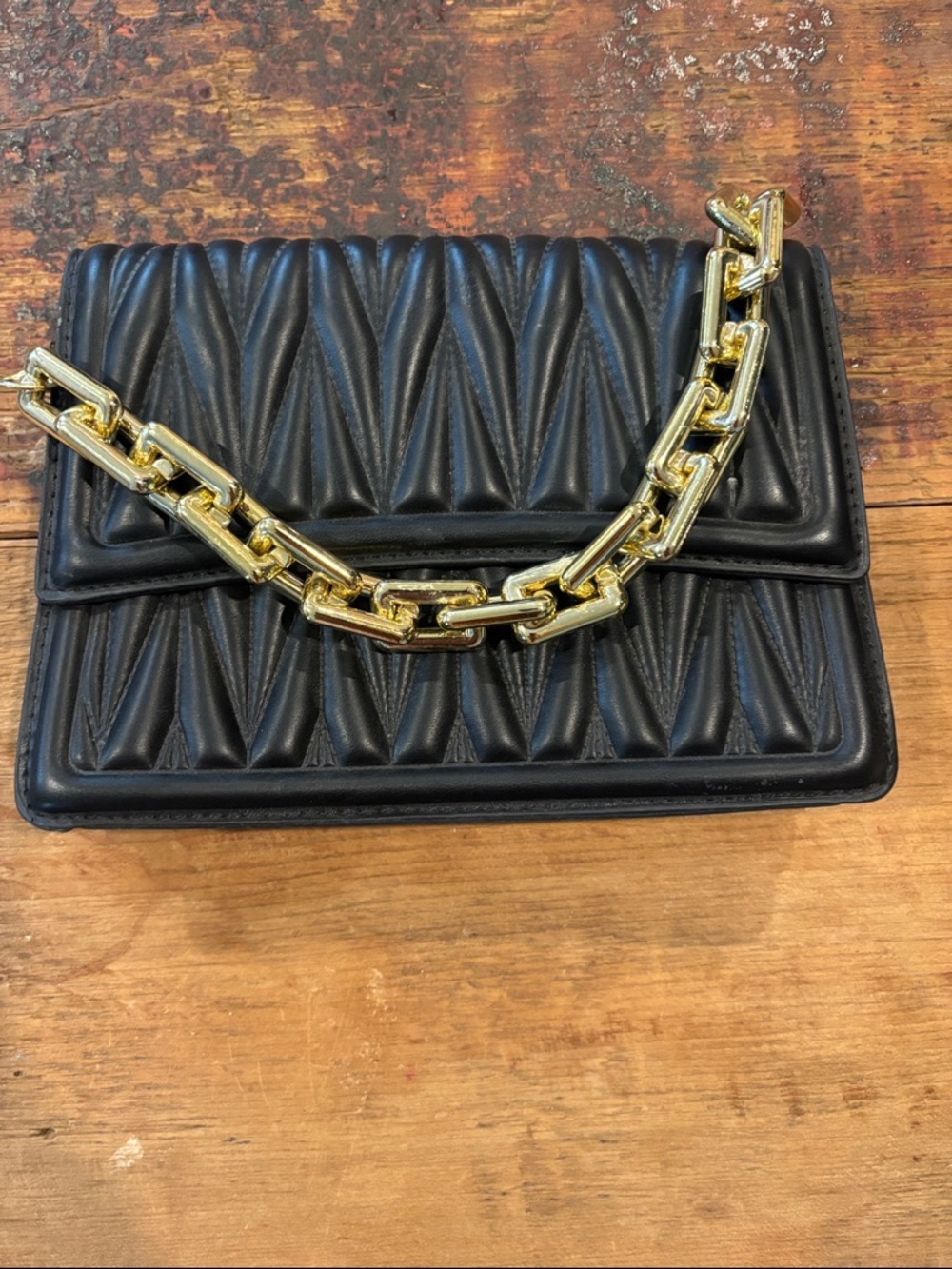 Black Quilted Shoulder Bag with Gold Chain Strap